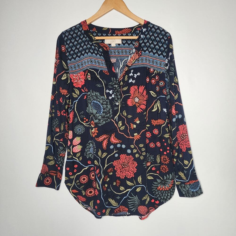 Loft Red Blue Floral Boho Long Sleeve Top Women's Size Small